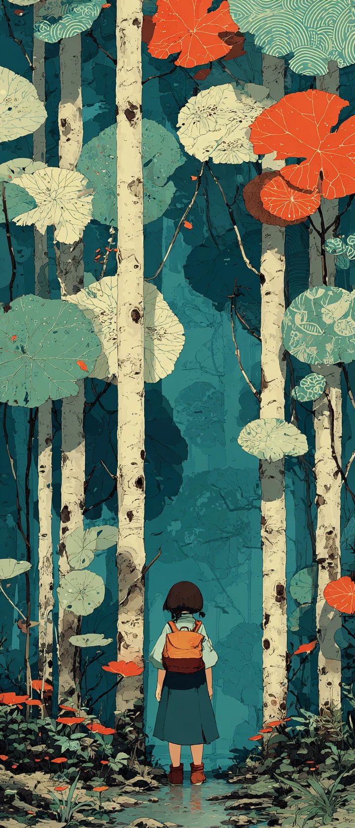 Anime child exploring a tall stylized forest