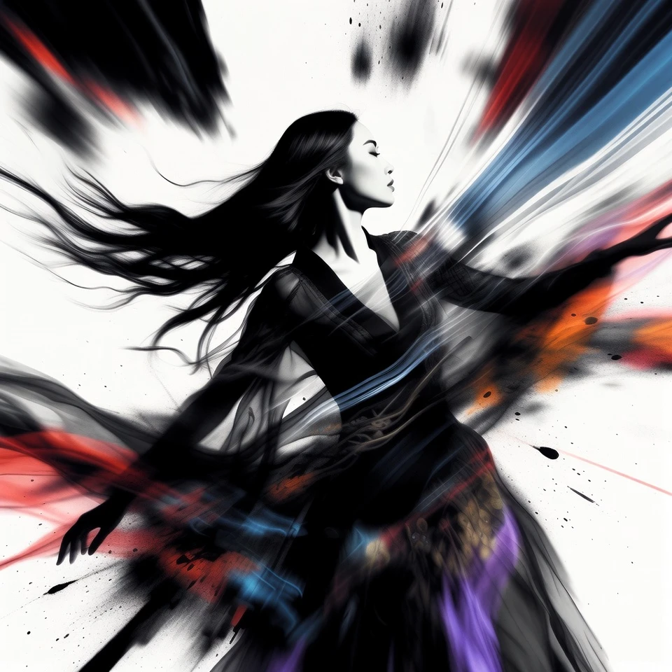 Mulher asiática graciosa em movimento abstrato colorido em espiral