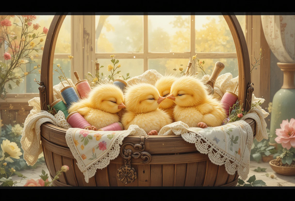 Sleeping yellow chicks in a vintage sewing basket