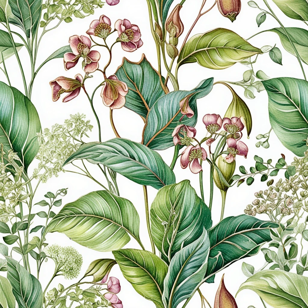 Feine botanische Frühlingszeichnung mit farbenfrohem Blumenmuster