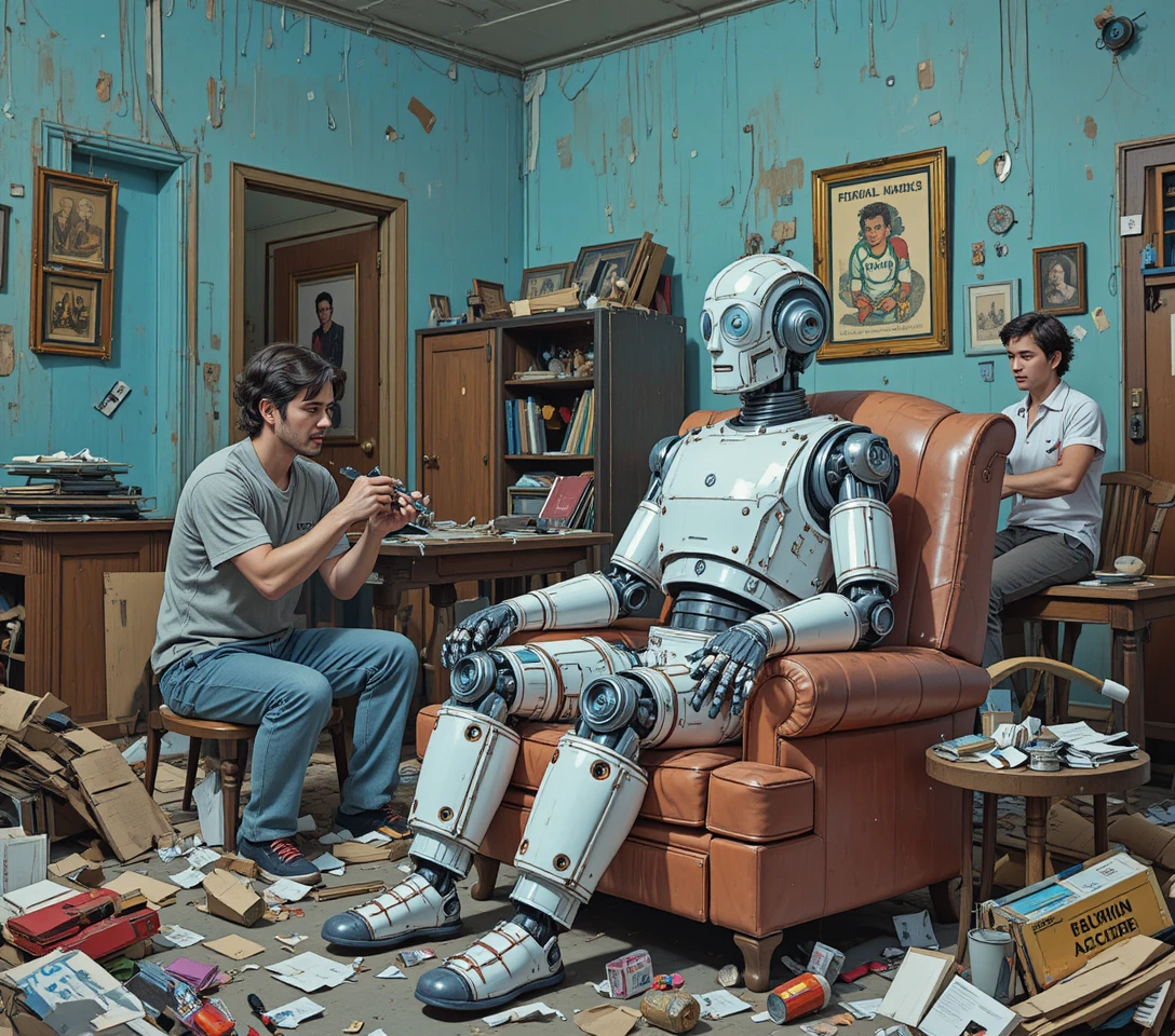 Robot de metal desgastado sentado en una sala de estar decadente