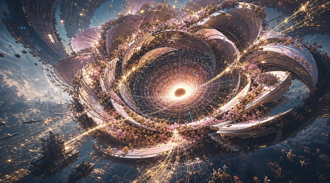 Flor digital colossal girando em torno de um núcleo gravitacional