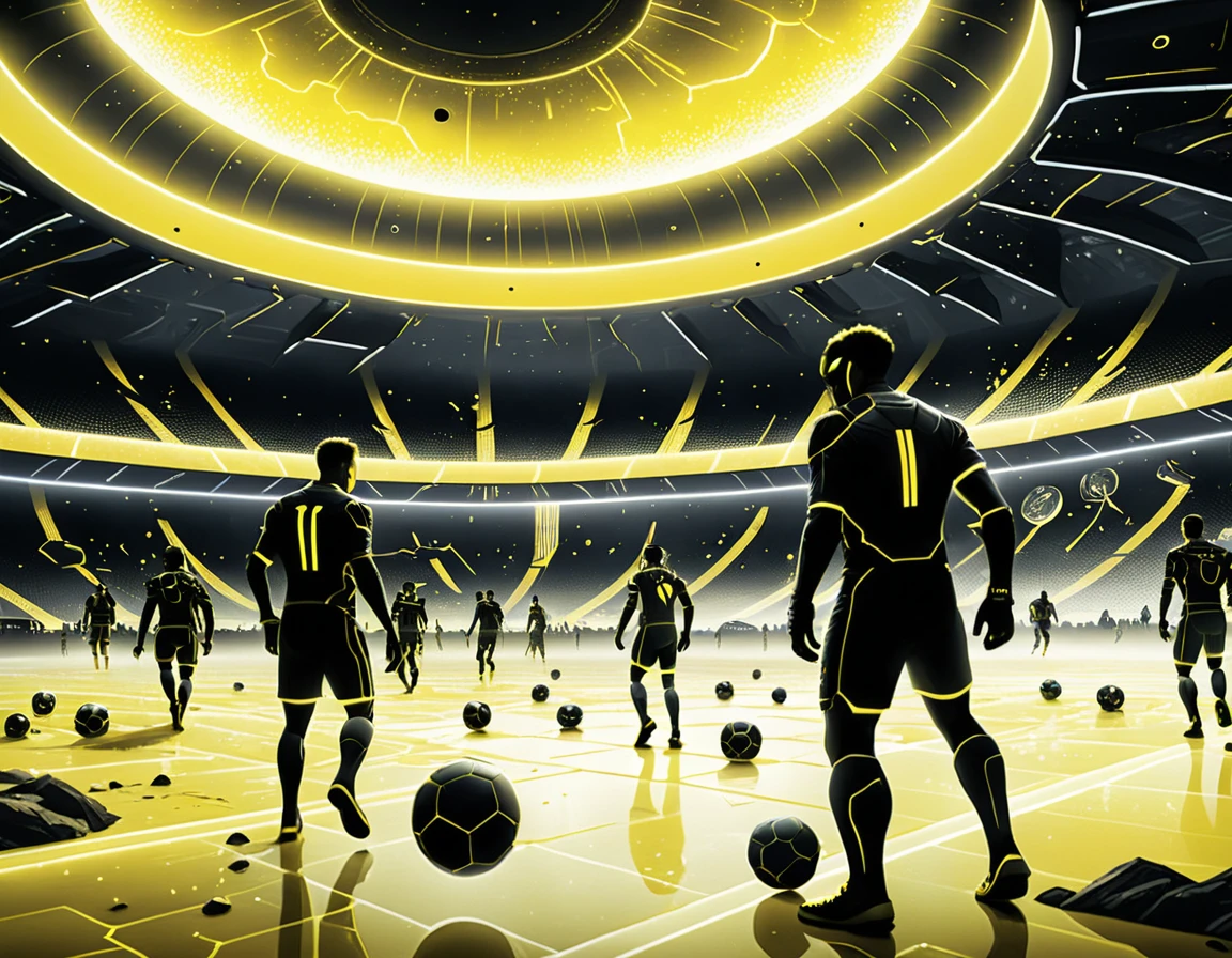 Jogadores de futebol futuristas em um megaestádio neon de ficção científica