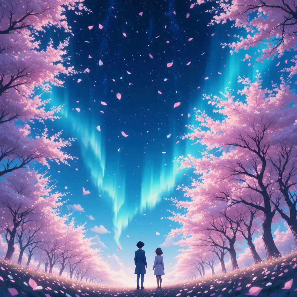 極光與飄落櫻花的動畫夜空