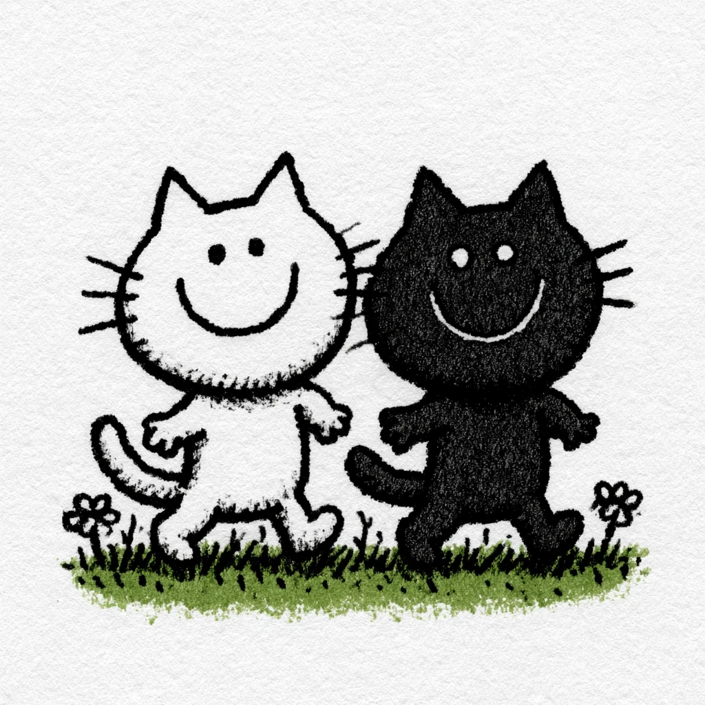 풀밭을 함께 걷는 귀여운 고양이 캐릭터
