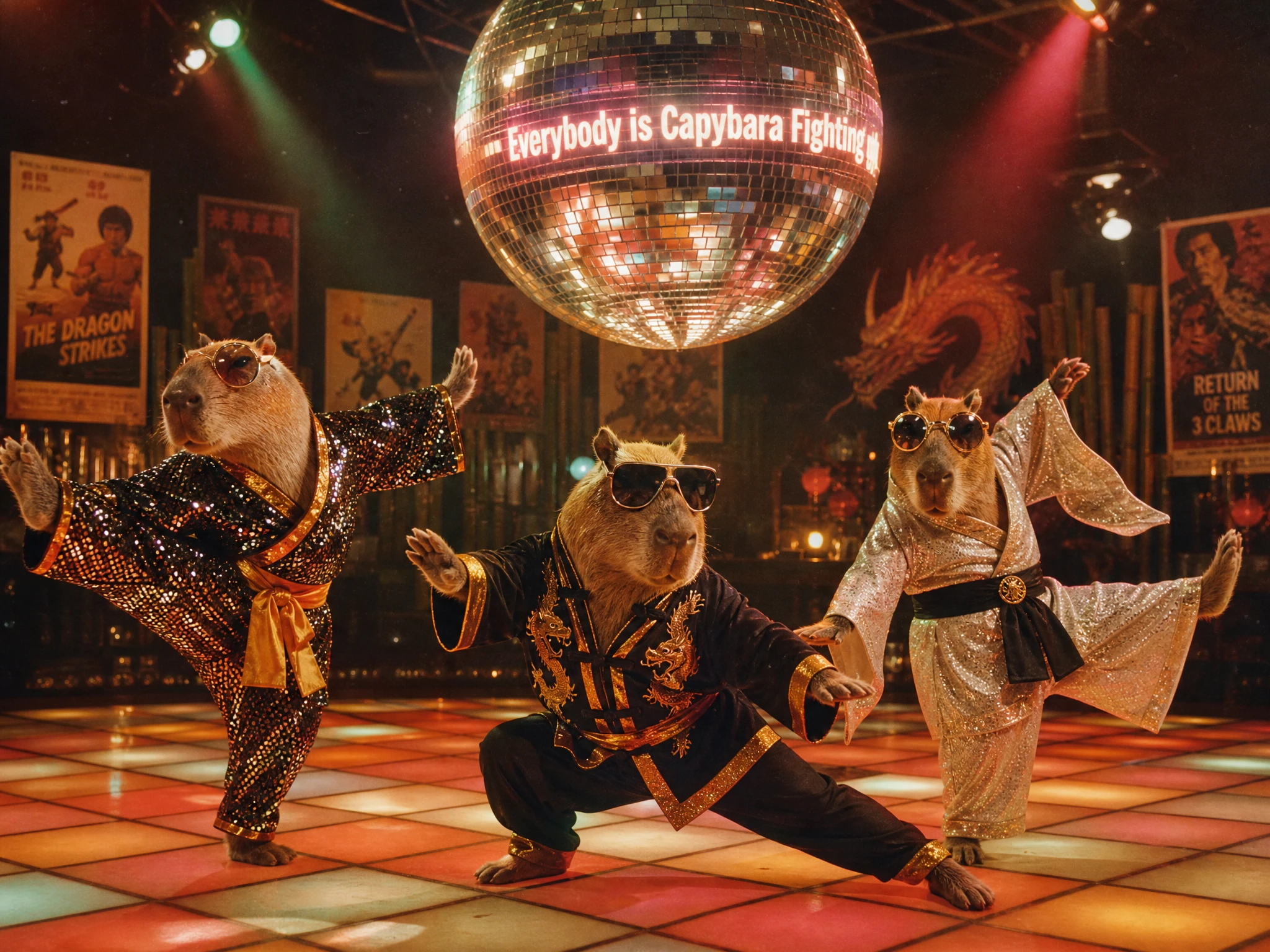 Três capivaras de discoteca fazendo kung fu em um piso iluminado