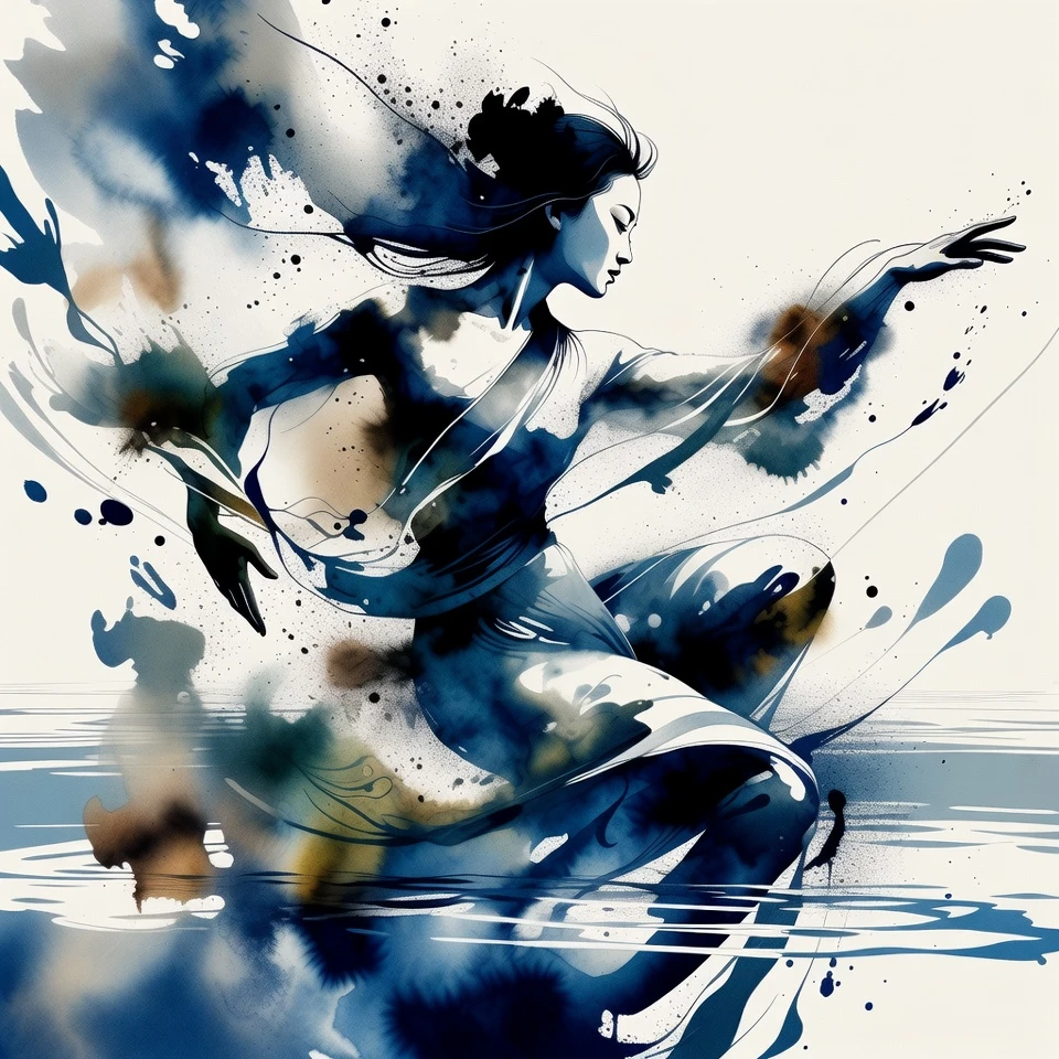 Elegante donna cinese che danza tra inchiostro fluido e luce