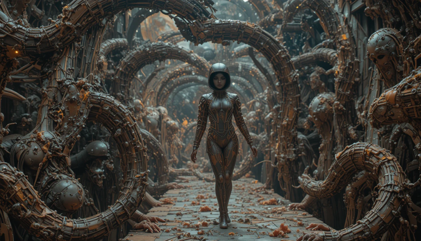 Femmes de fantasy en latex surréaliste dans un univers biomécanique