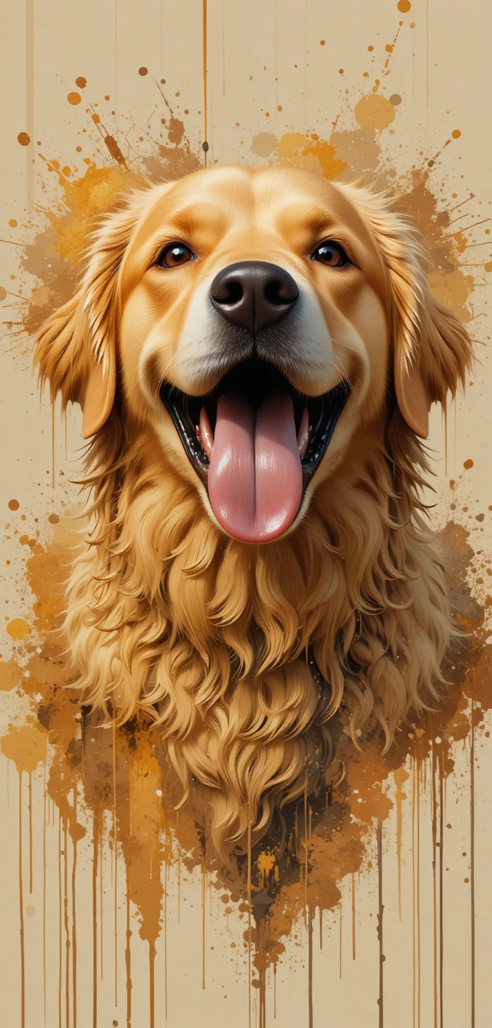 Golden Retriever alegre de perto em respingos de tinta abstratos