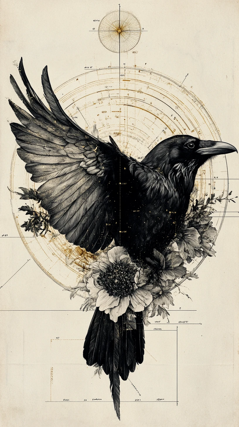 Spécimen de Corbeau Surréaliste aux Ailes de Pivoine sur Plaque de Parchemin