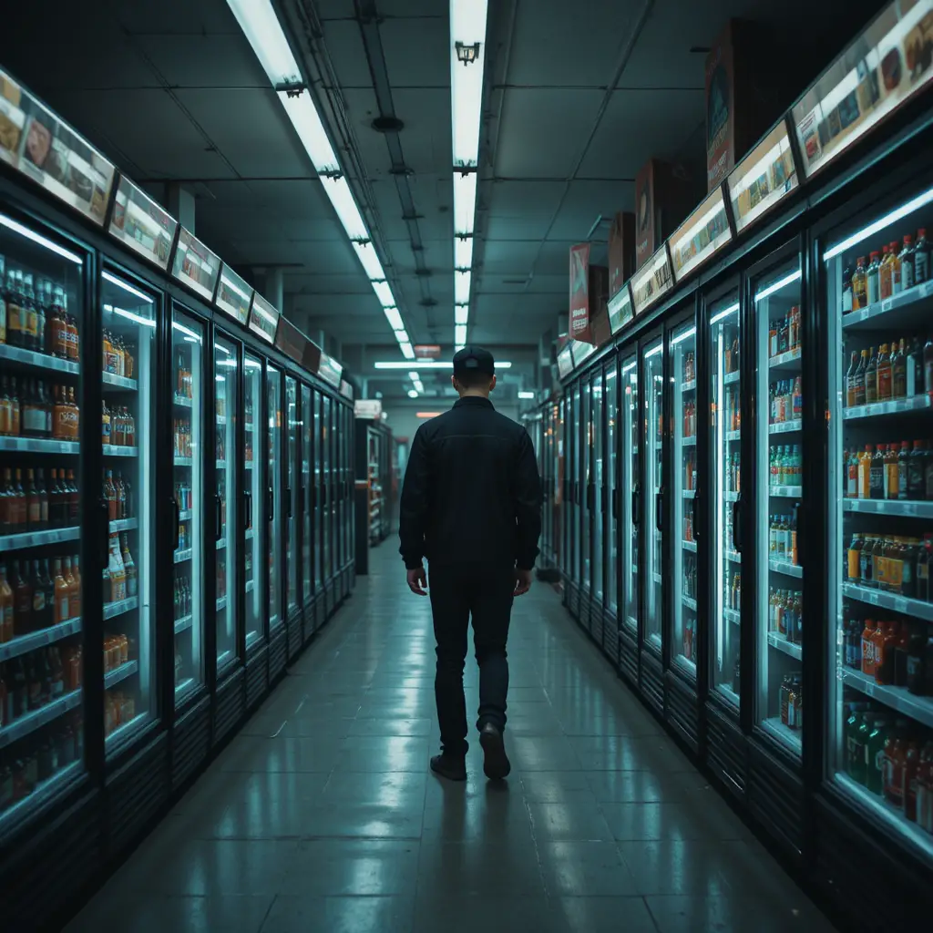 Man browsing drink coolers in an eerie gas station aisle