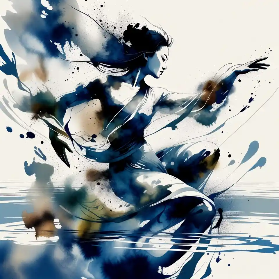 Elegante donna cinese che danza tra inchiostro fluido e luce