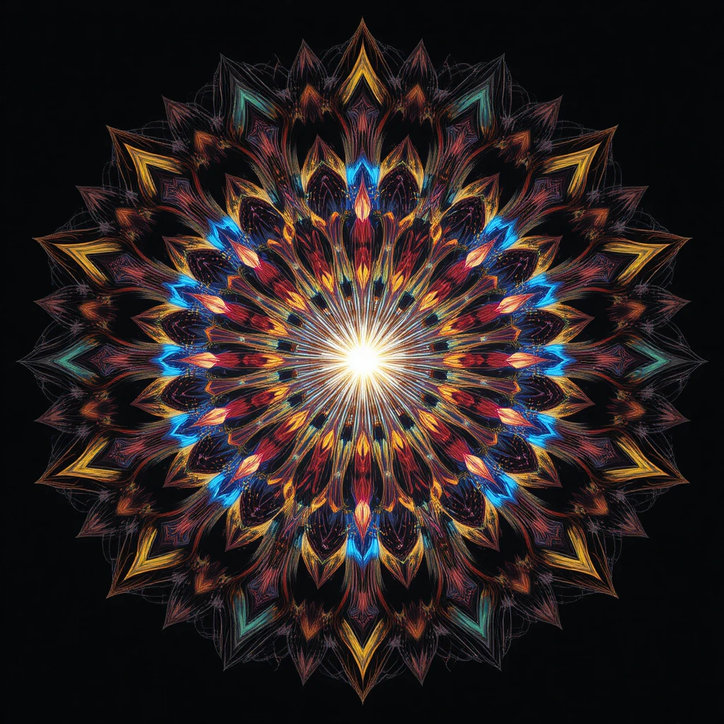 Mandala kaléidoscopique coloré avec éclat central rayonnant