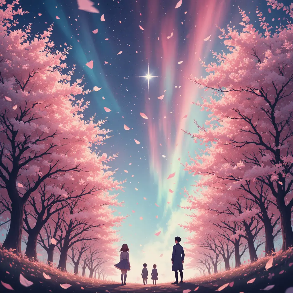極光與櫻花樹的動畫風夜空