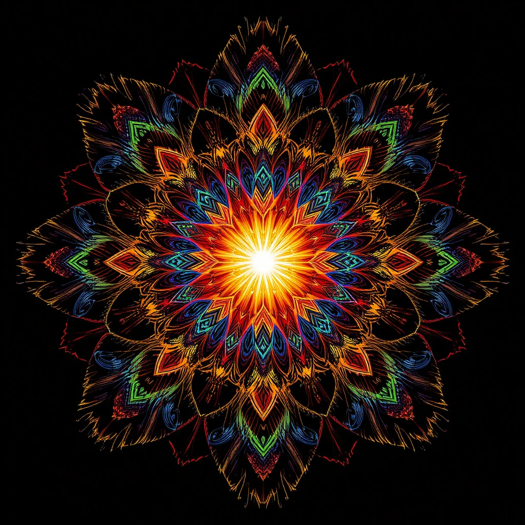 Mandala fractale colorée à la symétrie kaléidoscopique rayonnante