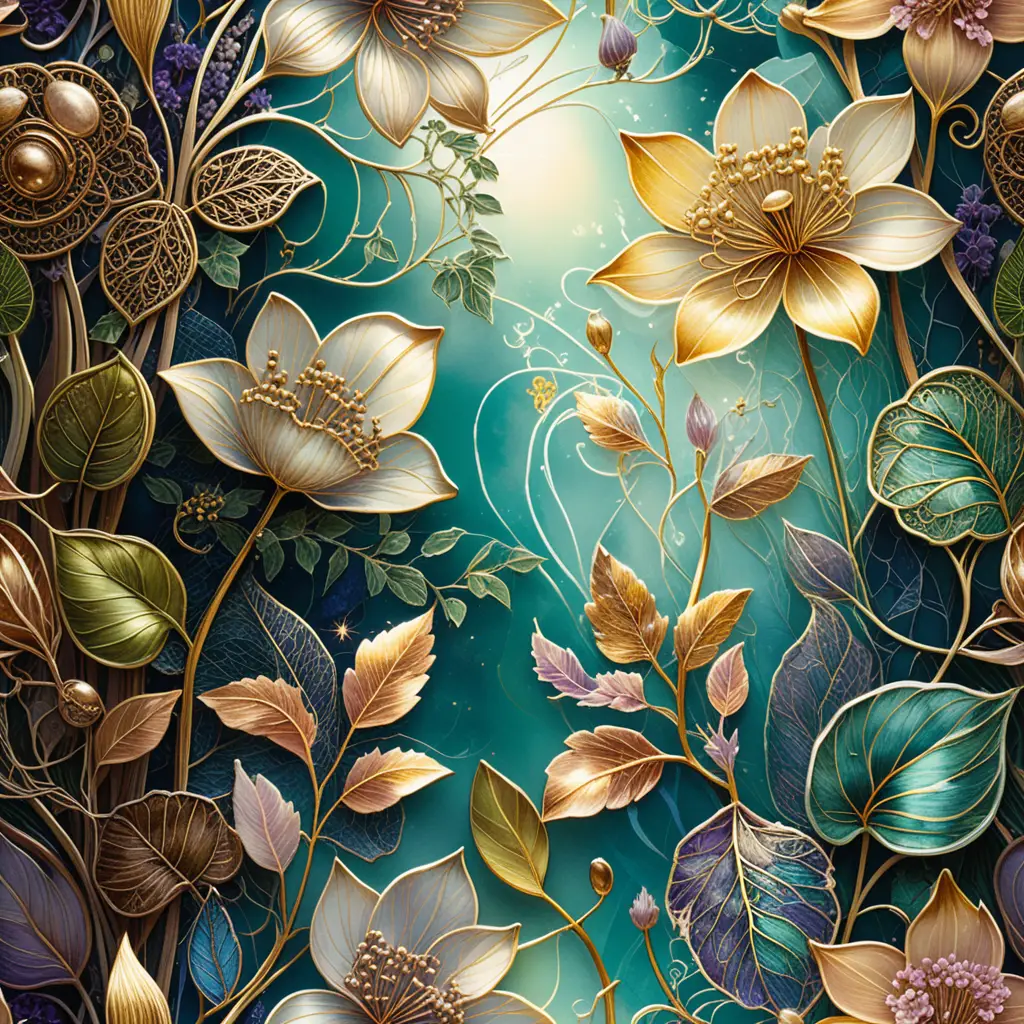 Zarte botanische Frühlingsillustration mit Jugendstil-Blumenmustern