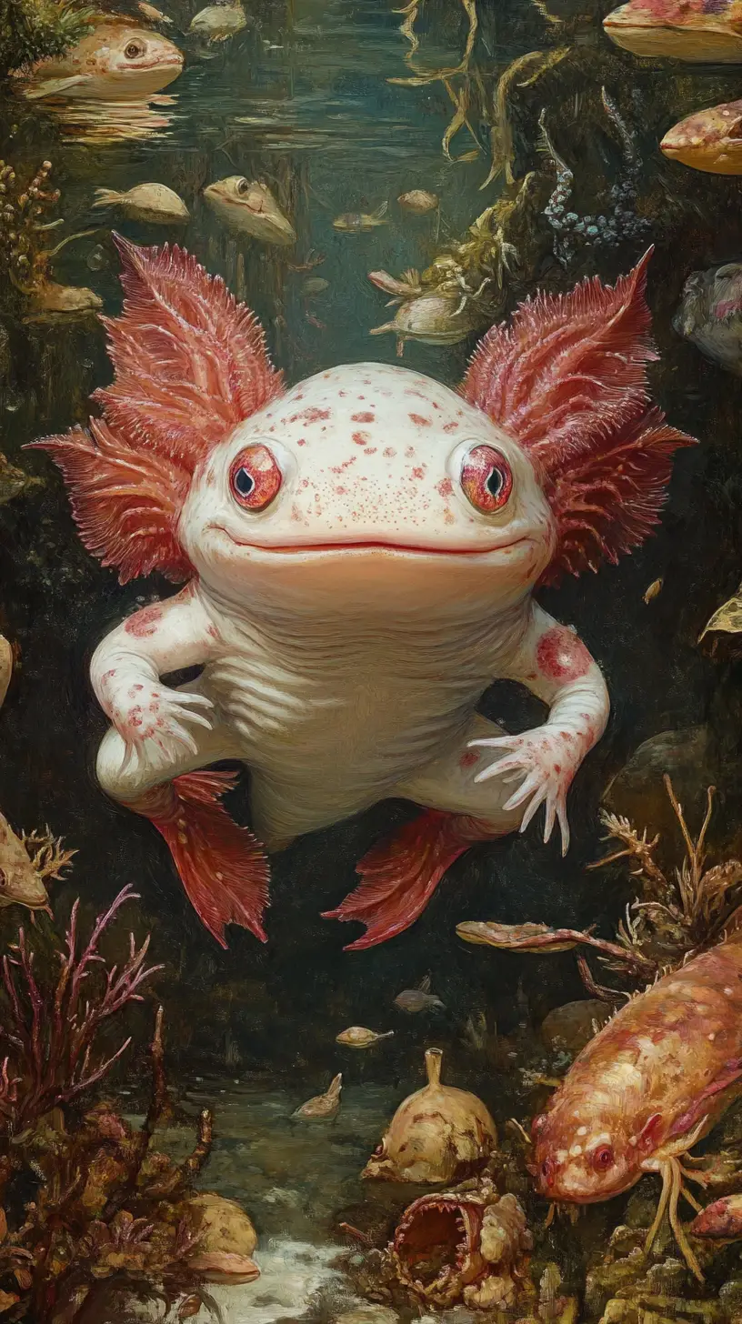 Arte surreal de axolote com ilusão visual divertida