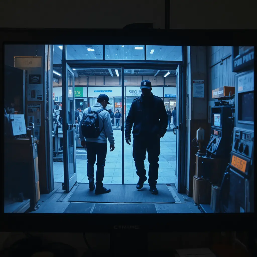 Schermo di sicurezza di una stazione di servizio con due uomini in una scena in penombra
