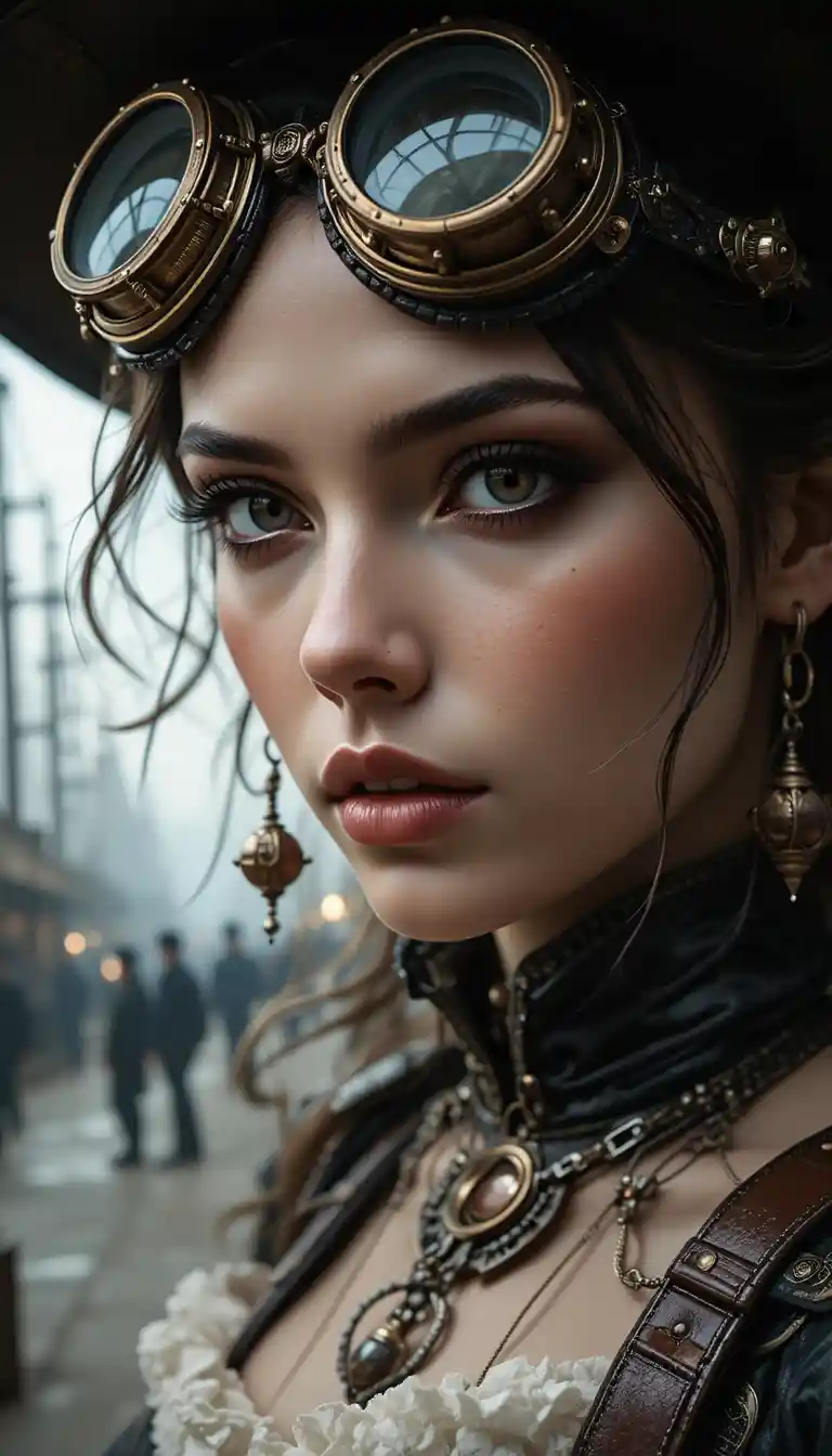 Steampunk-Frau in Nahaufnahme am viktorianischen Luftschiffdock