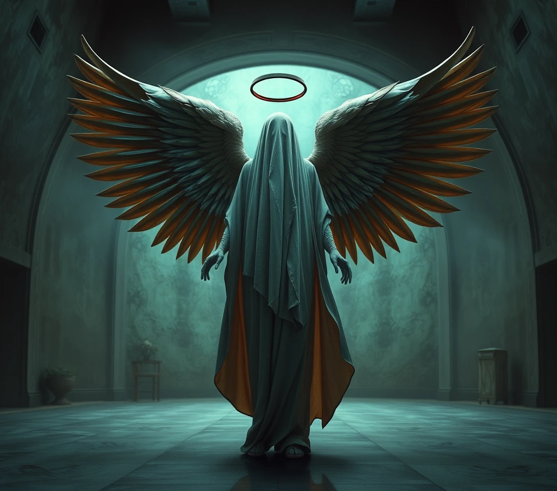 Figura de anjo surreal em composição misteriosamente equilibrada