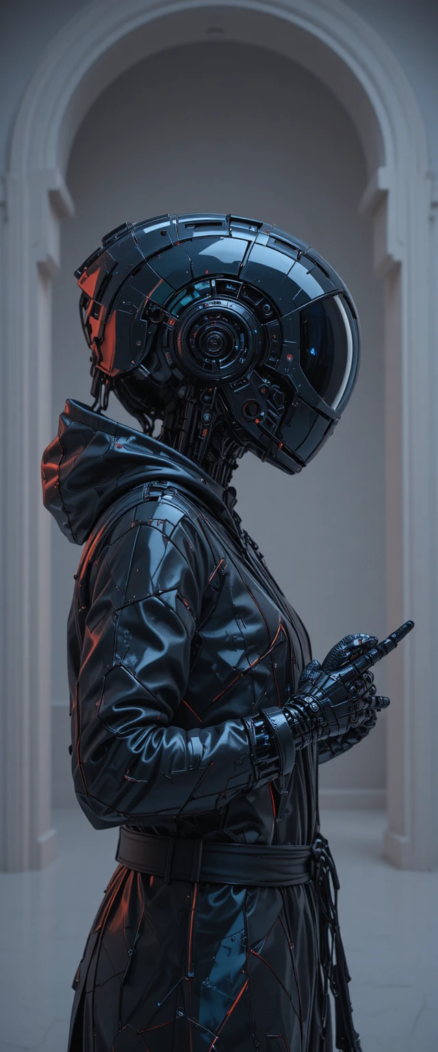 Retrato de robô de capuz preto em estilo futurista neon
