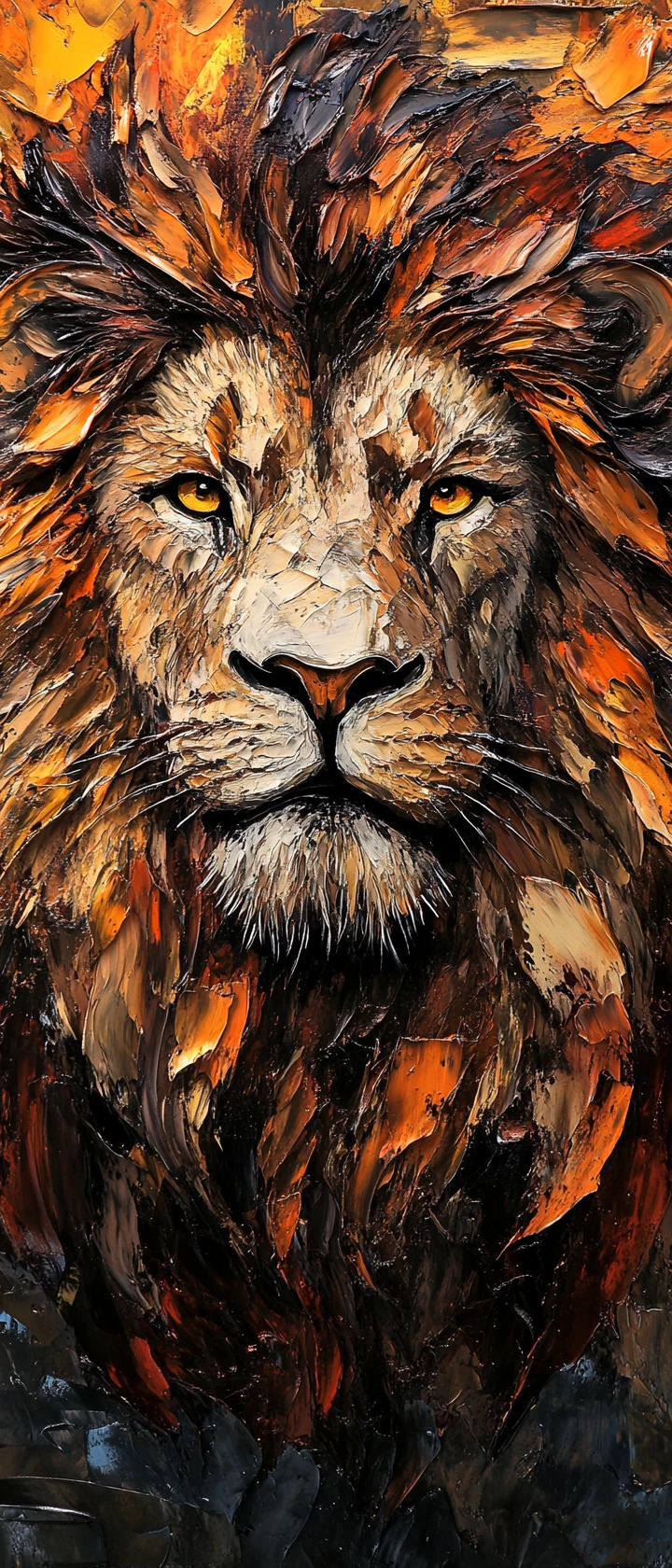 Retrato Majestoso de Leão com Juba em Impasto em Tons de Pôr do Sol