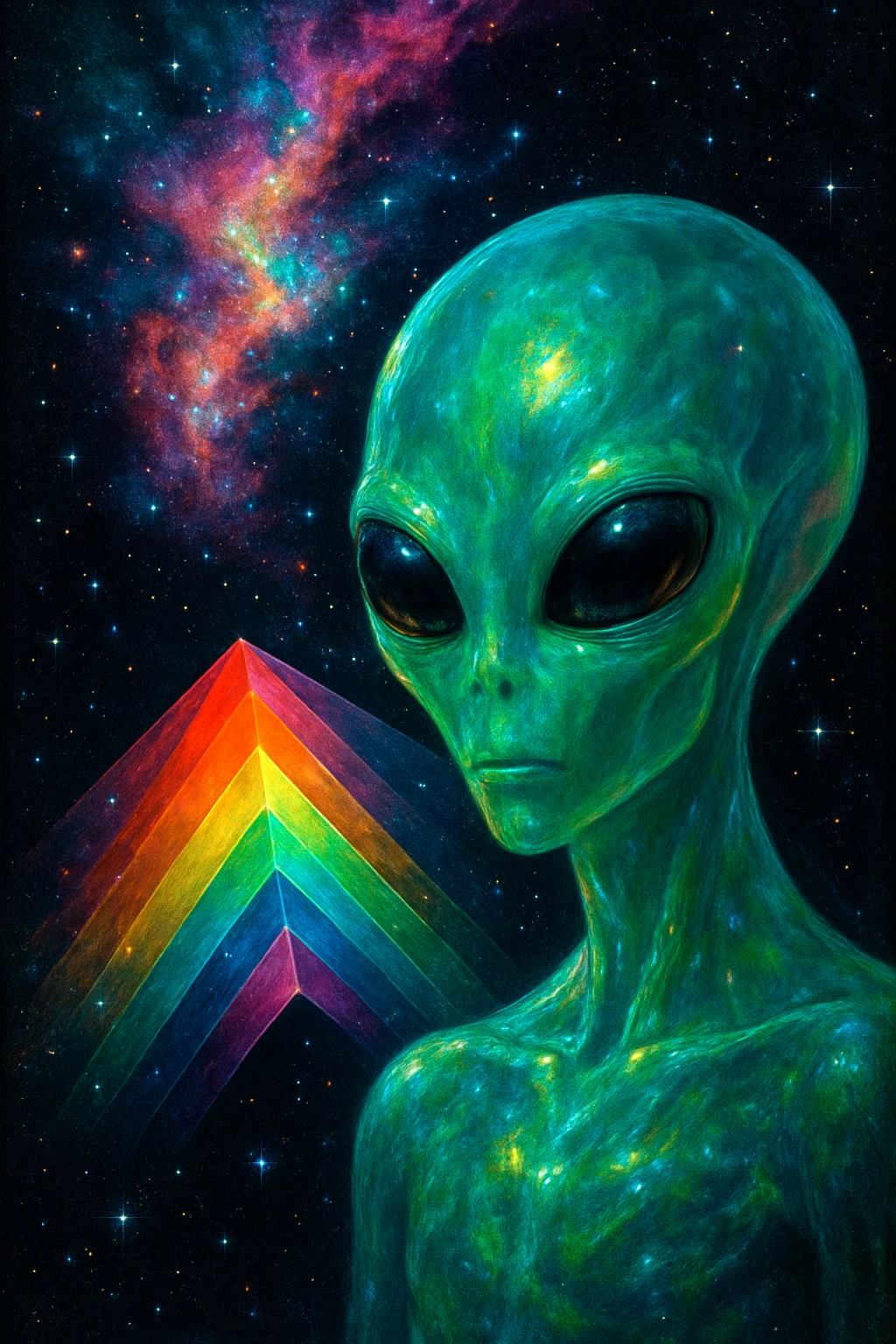 Alien em close sob um arco‑íris cósmico geométrico