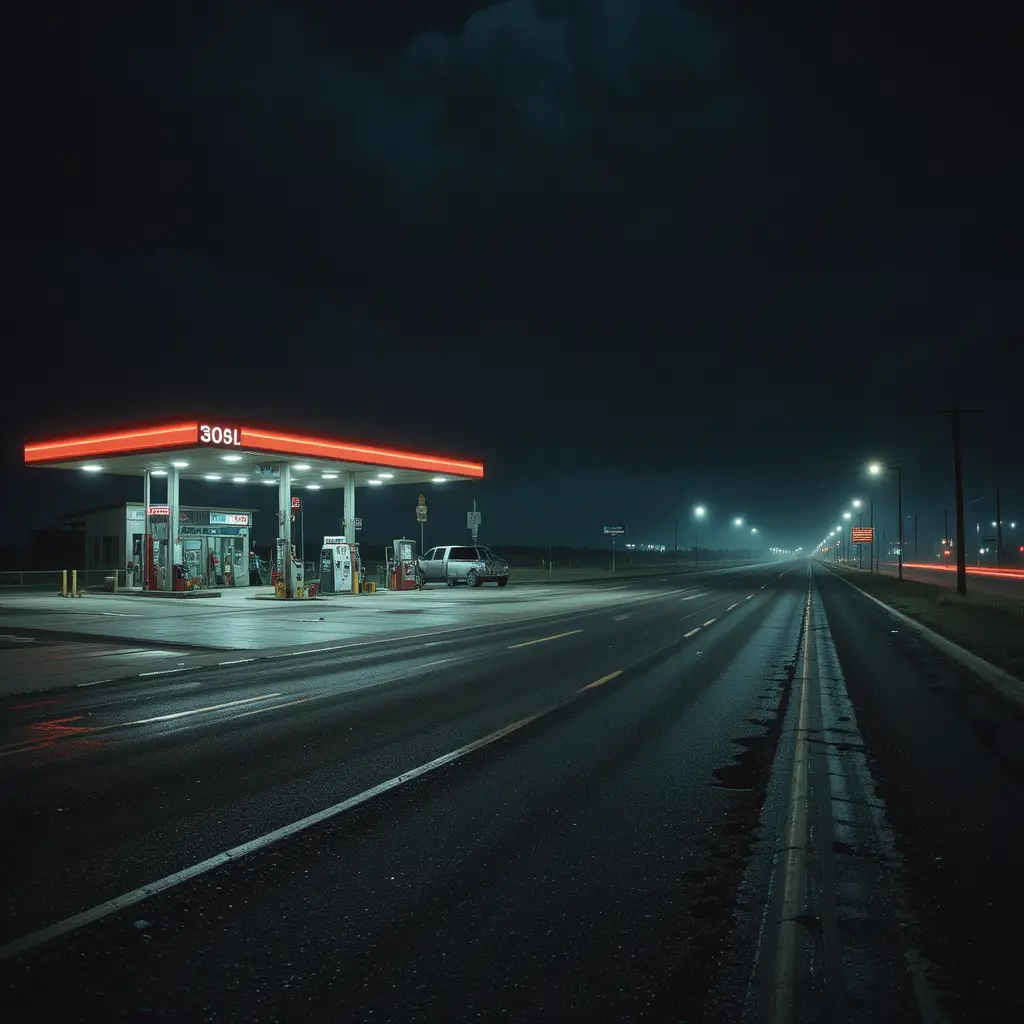 Stazione di servizio solitaria su una buia autostrada del Nebraska di notte