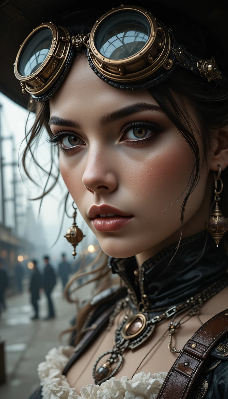 Donna steampunk in primo piano a un molo di dirigibili vittoriano