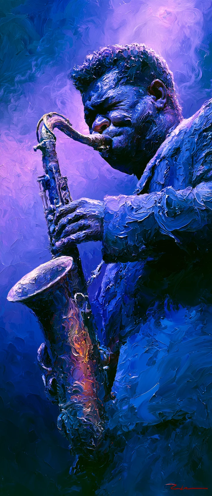 Retrato de músico de jazz apaixonado em pintura impasto texturizada