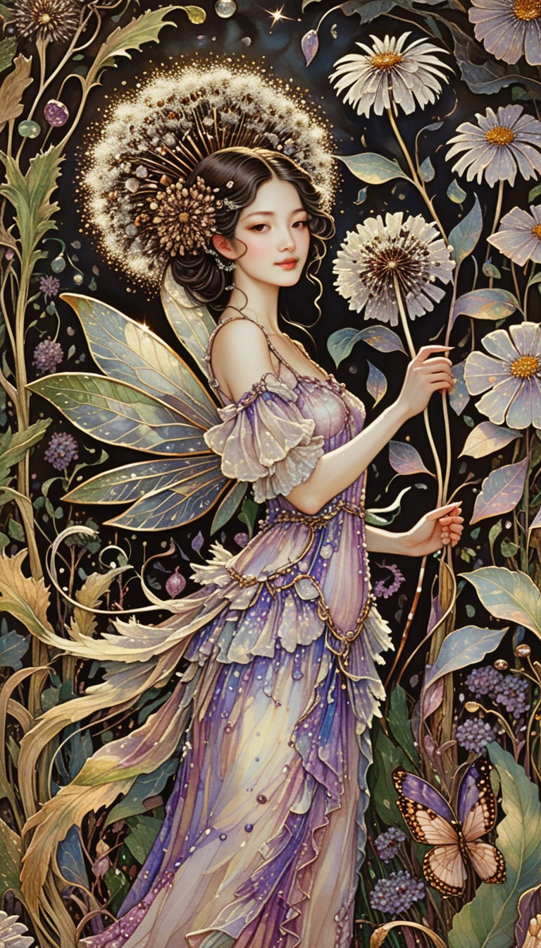 Hada de las flores alegre junto a una imponente flor de diente de león