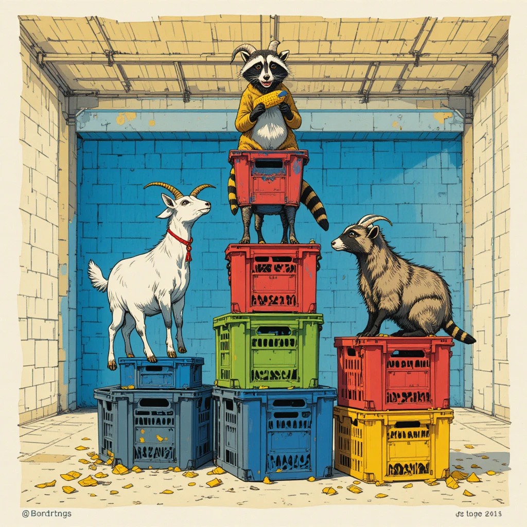 Cabras equilibrando em caixotes coloridos em uma garagem iluminada