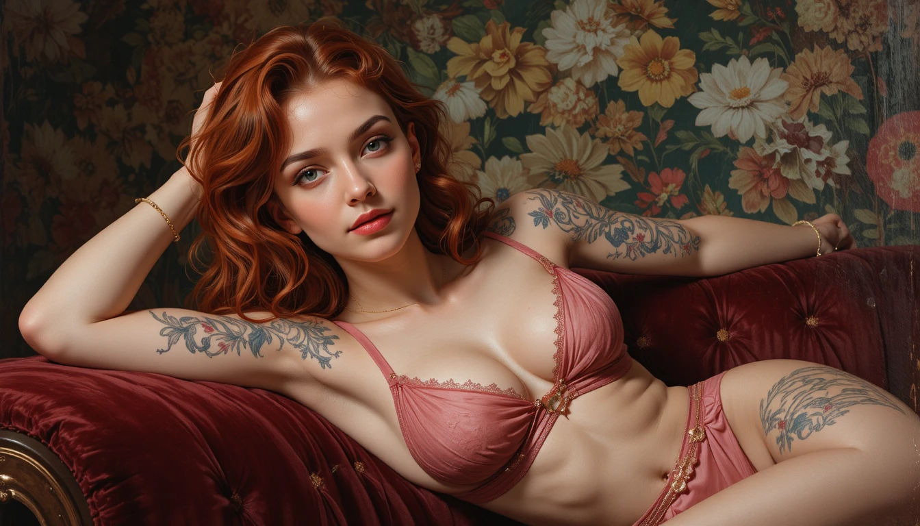 Mulher ruiva relaxando em um sofá de veludo sob luz suave