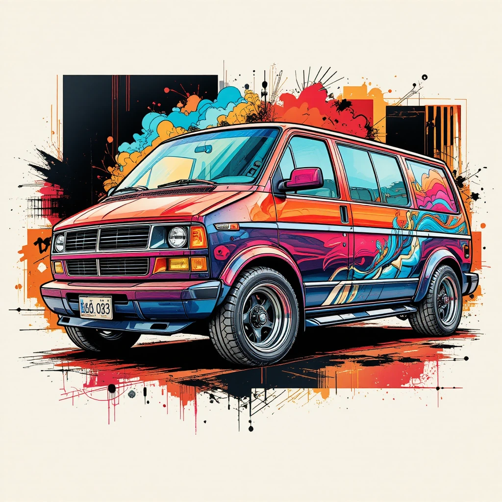 Illustration aux crayons de couleur d'un van personnalisé style européen
