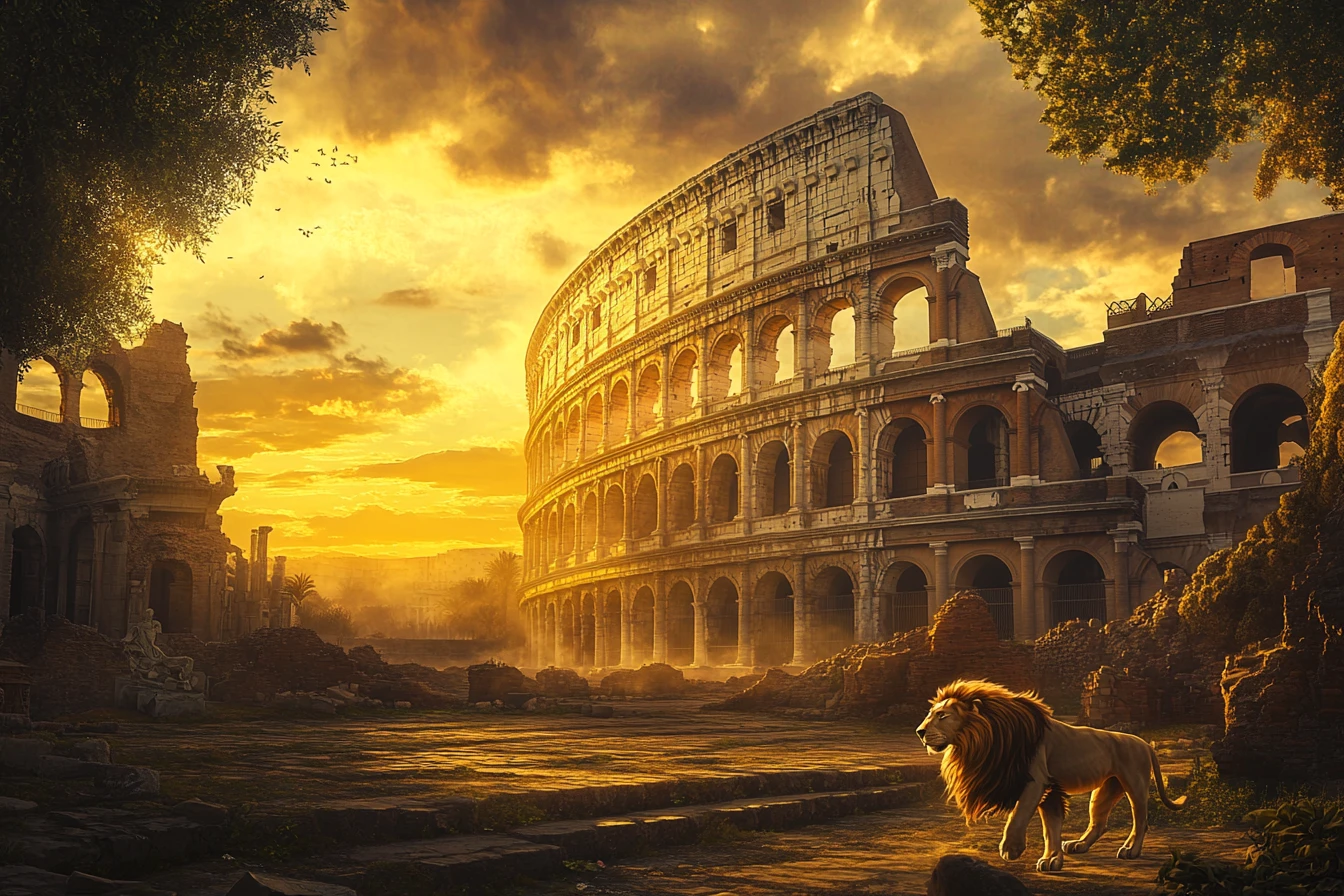 Leões vagando por um antigo Coliseu romano ao pôr do sol