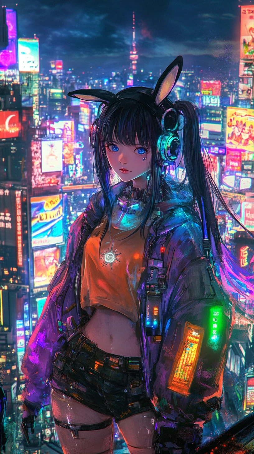 Garota de anime em parque na cobertura de cidade cyberpunk neon