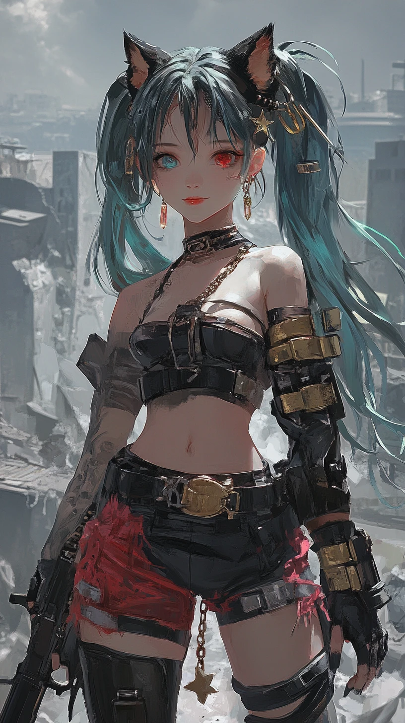 Chica de anime furiosa en ruinas sobre un puerto oscuro