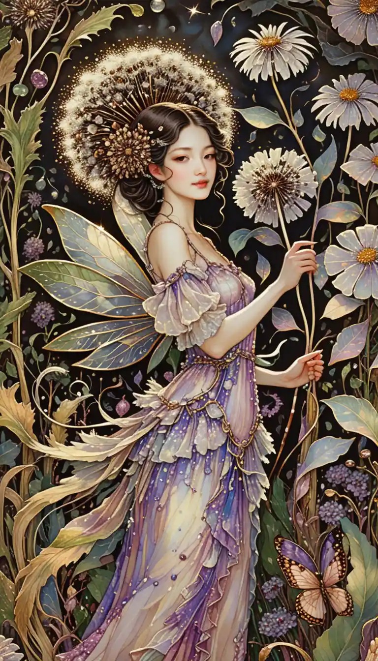 Hada de las flores alegre junto a una imponente flor de diente de león