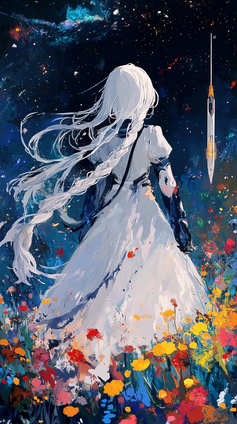 Fille d’anime aux longues tresses blanches et sourire fantomatique