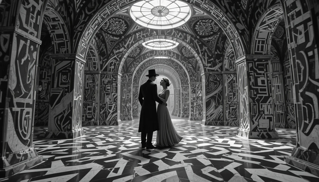Intérieur de labyrinthe abstrait avec architecture aux motifs psychédéliques