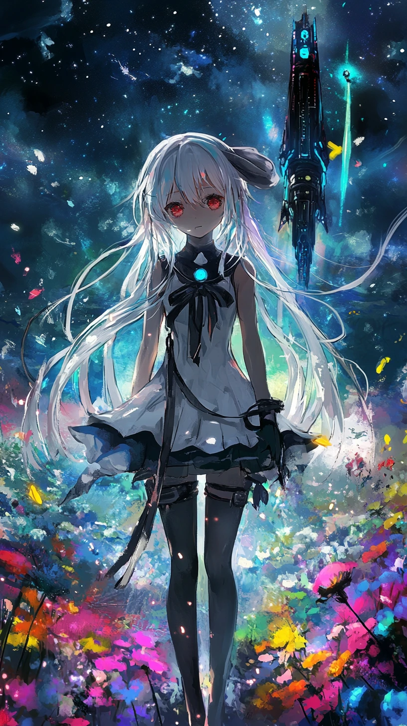 Anime-Mädchen mit langen weißen Haaren und Katana