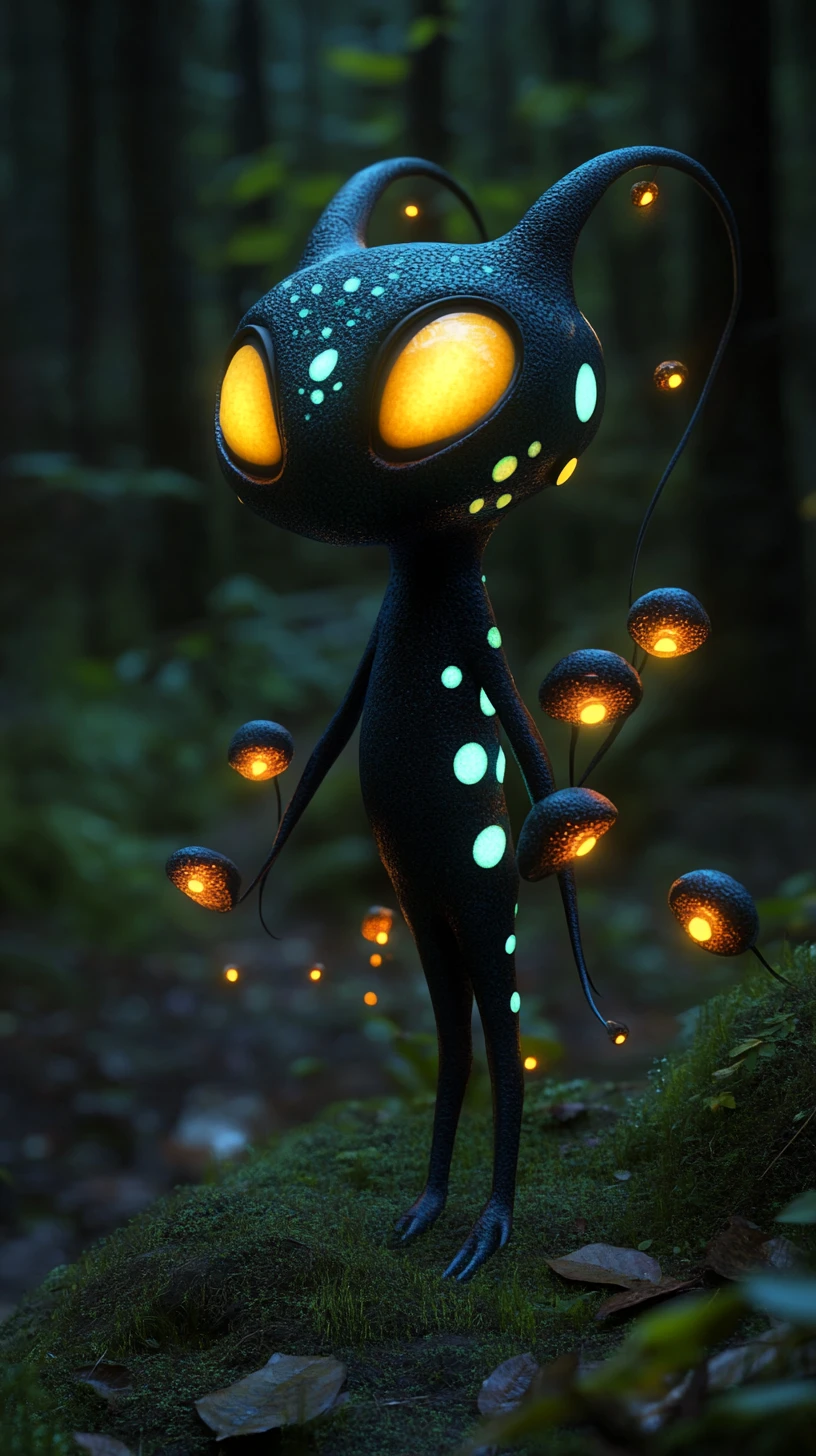 Criatura alienígena com iscas brilhantes em uma floresta bioluminescente
