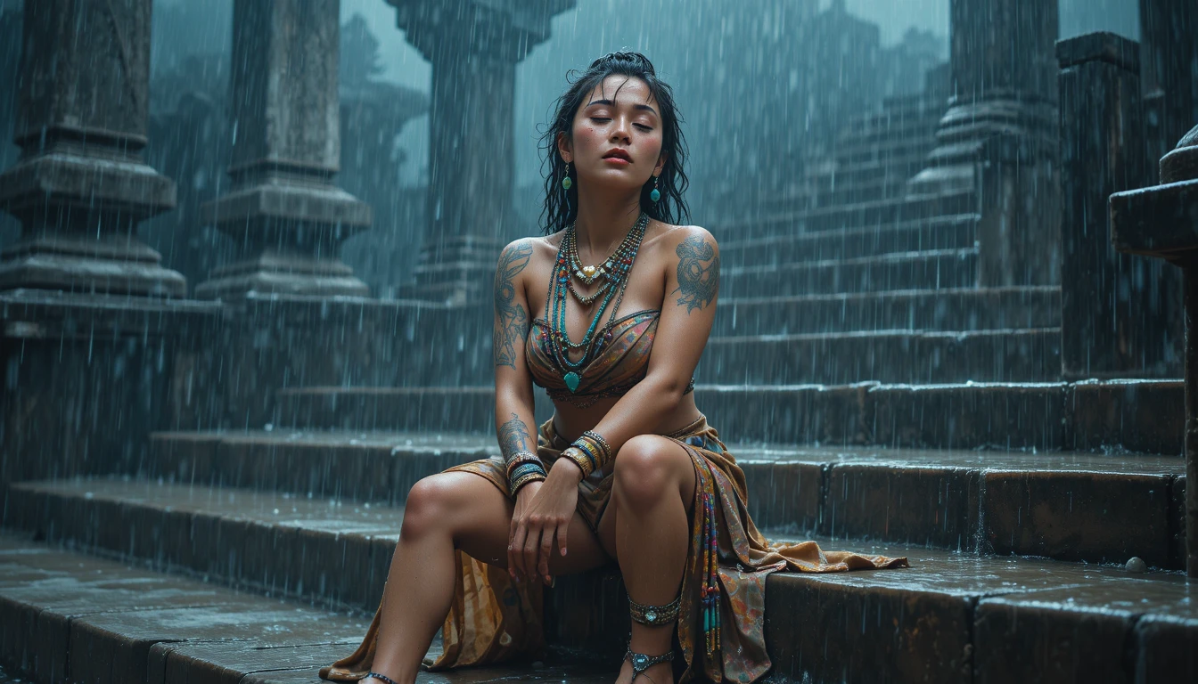 Woman on stone steps in rain with dramatic lighting