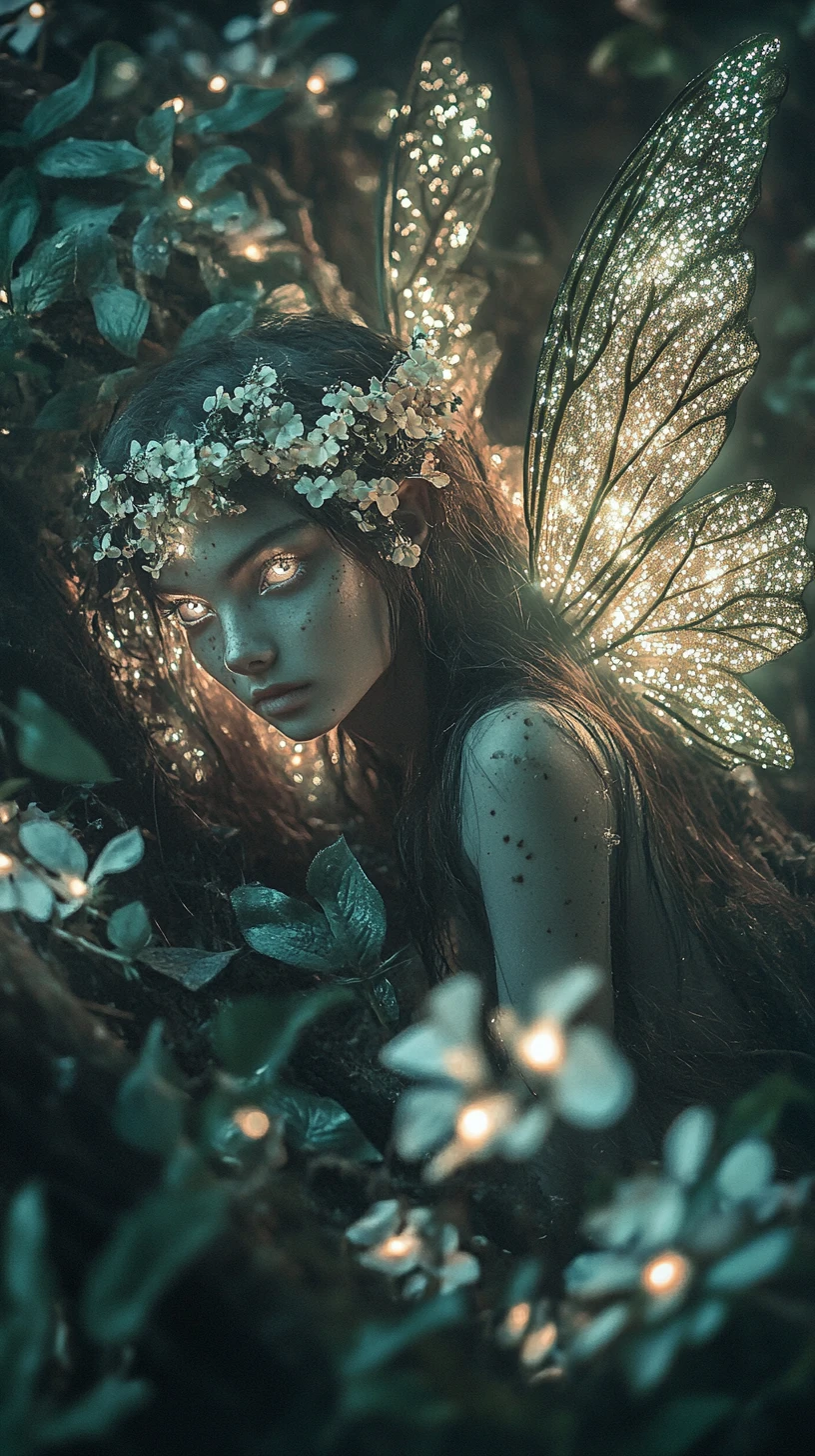 Mulher fada mística em meio a uma floresta brilhante em decomposição