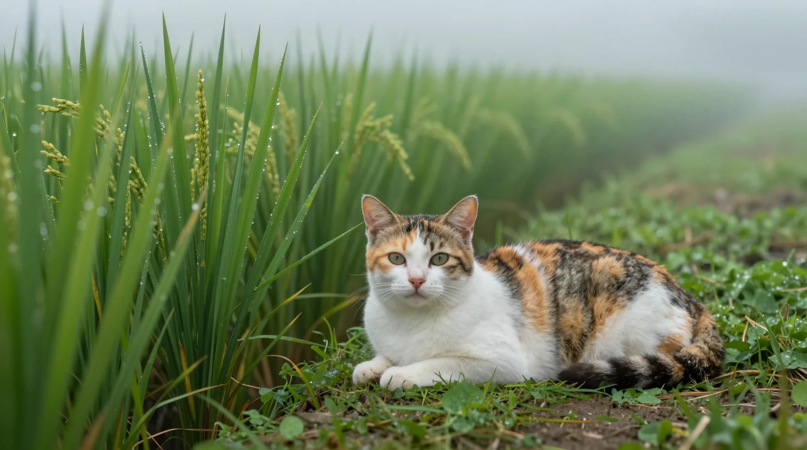 Gata tricolor descansando ao lado de um arrozal verde enevoado