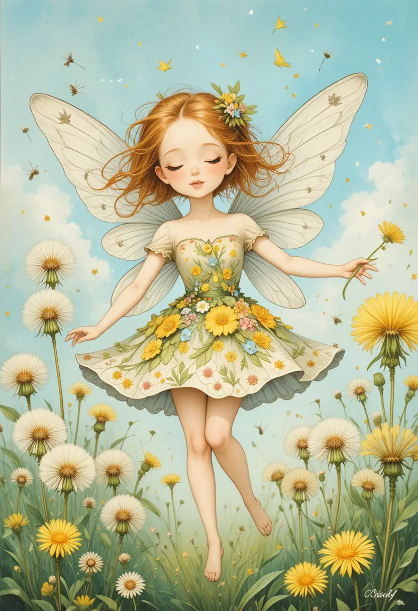 Joyful dandelion fairy girl with large wings dancing