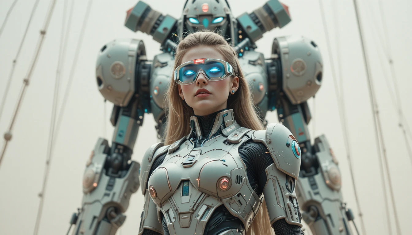 Woman in mecha robot outfit approaching giant machine