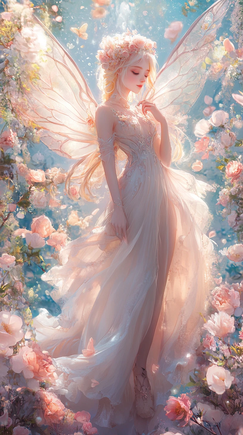 Fée fille pastel dans une scène de fantaisie florale baroque