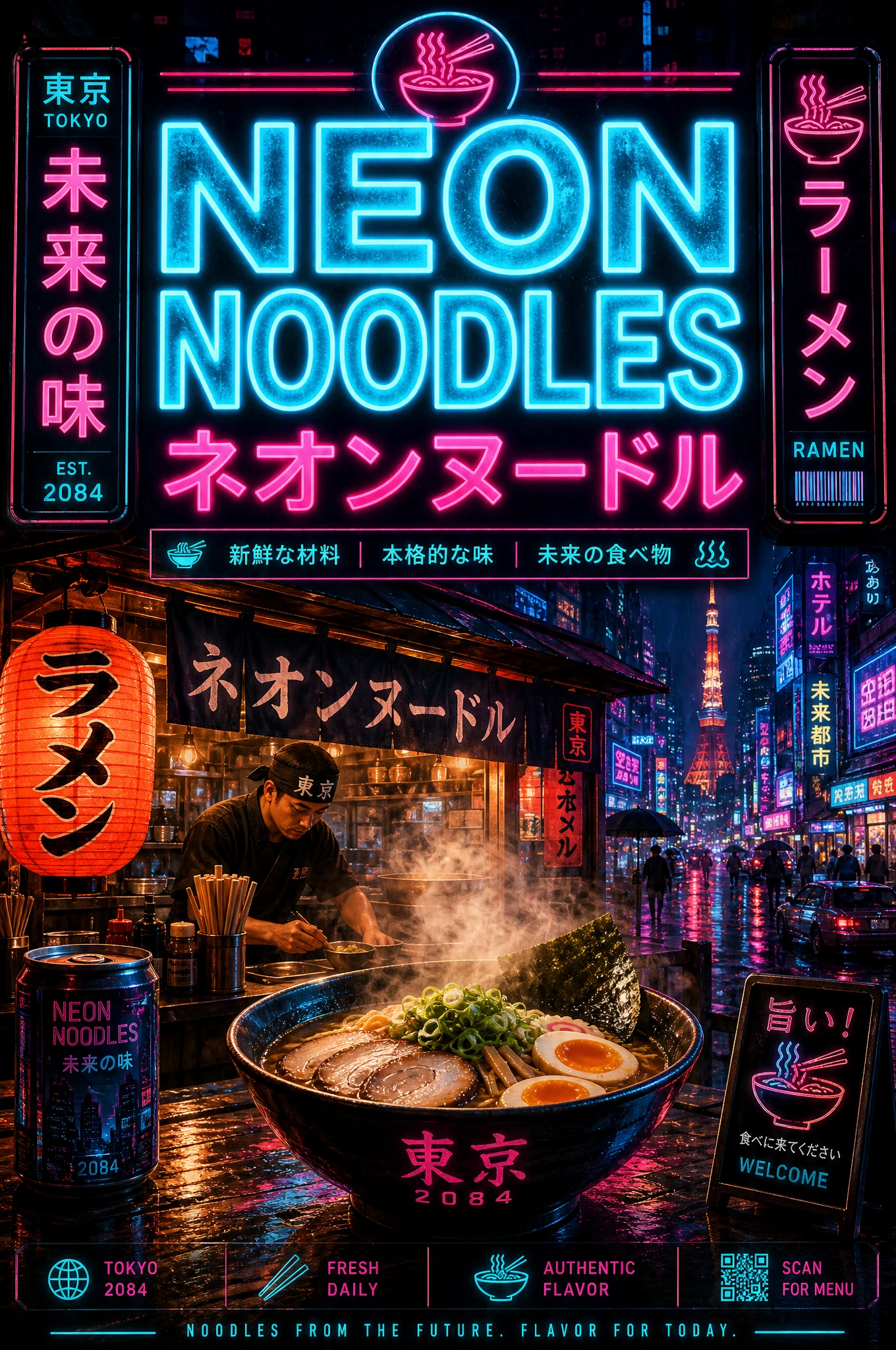 Poster di ramen al neon con tipografia inglese e giapponese