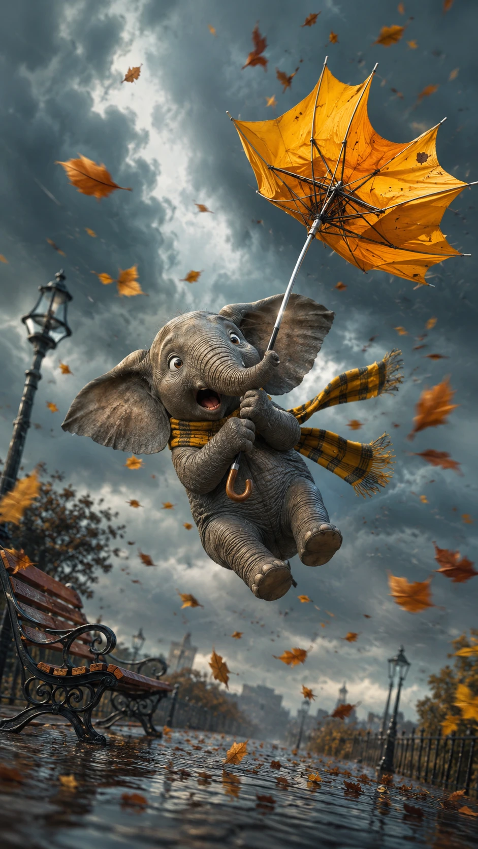 Pequeno elefante voando ao vento com guarda-chuva ao avesso